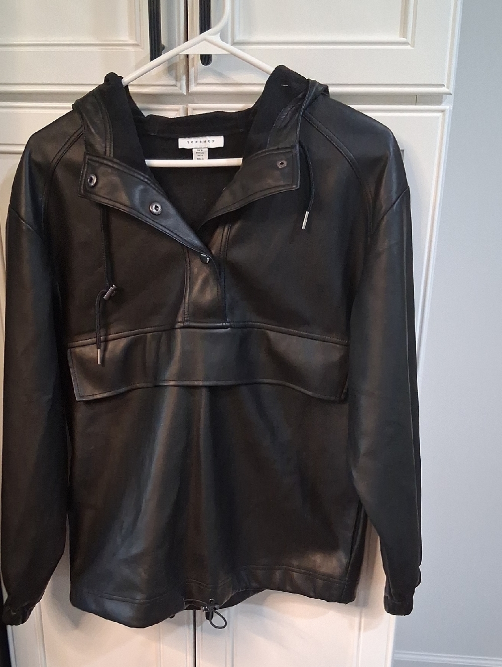 Topshop Black Faux Leather Hooded Pullover